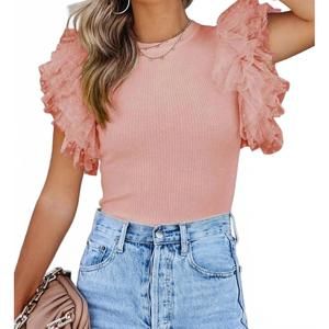 NEW LOVESOFT dotty mesh ruffle sleeve ribbed knit top in pink